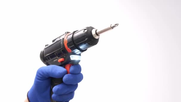 Close Electric Drill White Background Builder Holding Electric Drill Camera — Wideo stockowe