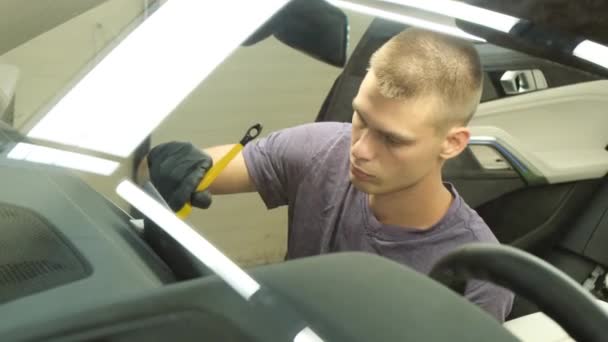 Car Wash Worker Cleans Interior Business Class Car Professional Car — Stockvideo