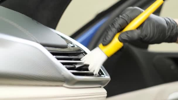 Car Wash Worker Cleans Interior Business Class Car Professional Car — Vídeo de Stock