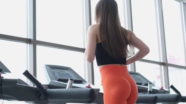 Athletic Girl Trains Treadmill Modern Gym Athletic People Workout Treadmill — Stockvideo