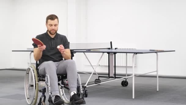 Attractive Young Disabled Man Playing Ping Pong Racket Disabled Man — Stockvideo