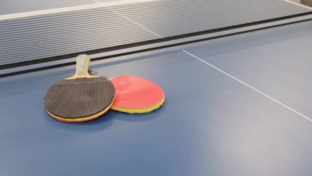 Equipment Playing Ping Pong Rackets Ball Blue Table Table Tennis — Vídeo de Stock