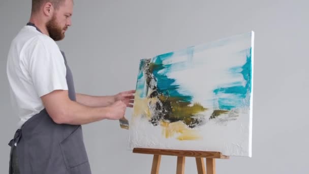 Young Artist Paints Abstract Picture Studio White Background Master Paints — Wideo stockowe