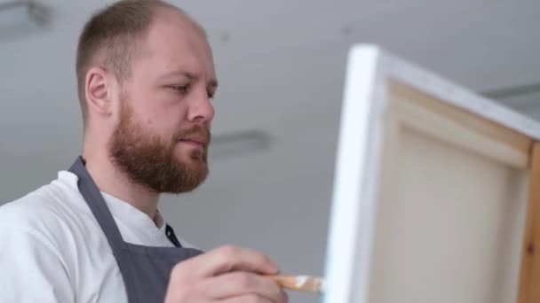 Bearded Artist Creates Abstract Painting Art Studio Gray Background Modern — Stockvideo