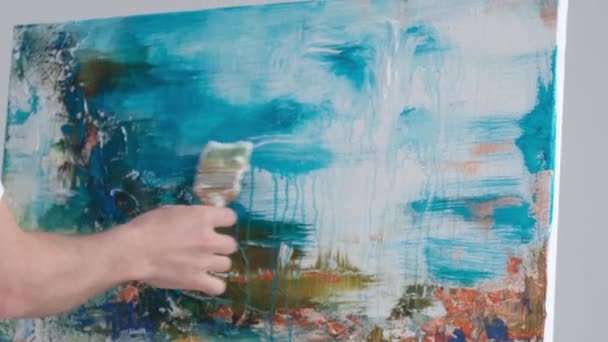 Artist Creates Abstract Painting Art Studio Gray Background Modern Art — Video Stock