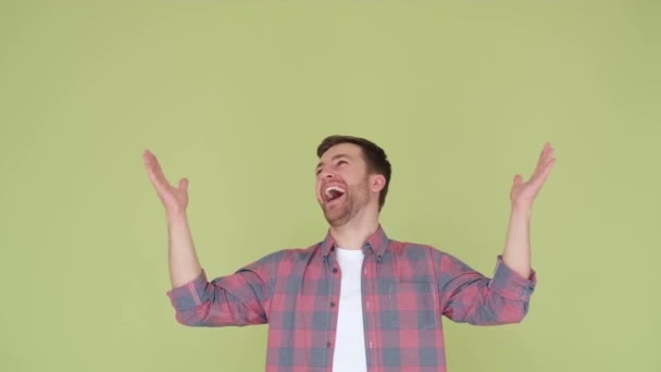 Young Guy Actor Shows Camera Crazy Joy Feelings Victory Gestures — стоковое видео