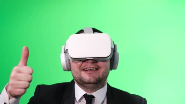 Young Man Business Suit Virtual Reality Glasses Shows Thumbs Satisfied — Stockvideo