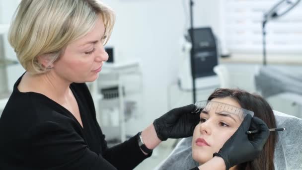 女性のマスター美容師は プロの美容室で眉矯正を行います 女性の美の概念 — ストック動画