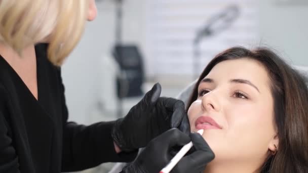 Maquillaje Labial Permanente Hermosa Joven Salón Belleza Con Una Esteticista — Vídeo de stock