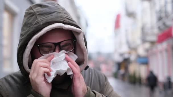 Young Man Cold Middle City Street Runny Nose Flu Viral — Stockvideo