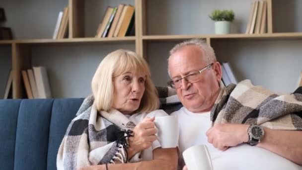 Lovely Senior Couple Relax Sofa Living Room Drinking Cup Tea — Stockvideo