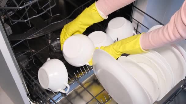 Поддержание Чистоты Дома Организация Современной Посудомоечной Машиной Домохозяйка Использует Современный — стоковое видео