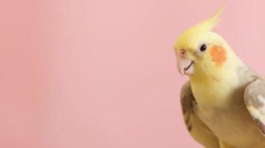 Yellow cockatiel parrot on a pink background. The bird has a pleasant appearance and comforts with its harmony. Close up