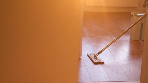 家庭主妇用拖把把地板擦拭干净 把房间的灰尘湿透了 一家清洁公司清扫房子 — 图库视频影像