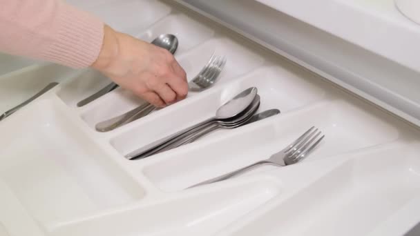 Close Womans Hands Placing Cutlery Washing Cabinet Storage Modern Furniture — Video Stock