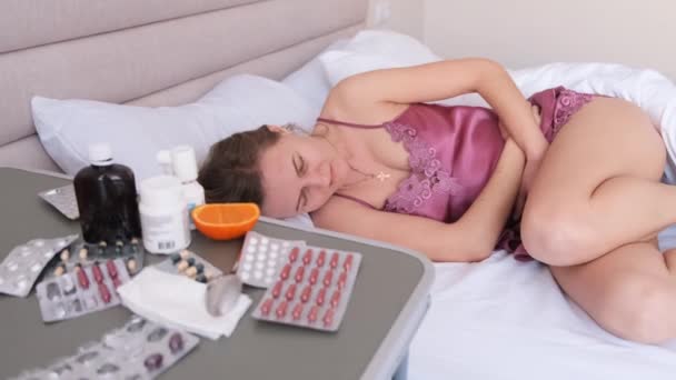 Woman Has Stomach Ache Menstruation She Lies Bed Holds Her — Stock video