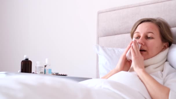 Treatment Flu Home Sick Woman Lying Bed Concept Family Medical — Vídeos de Stock