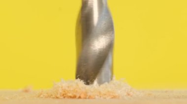 Drilling a hole in wood with a drill. Concept of carpentry, crafts, woodwork. Macro video.