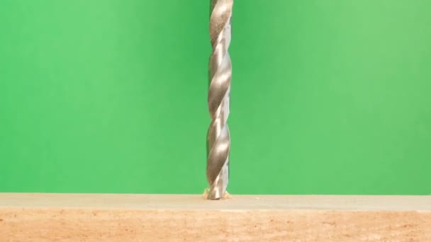 Close Woodworking Drill Rotating Green Background Shiny Metal Drill Bit — Stock videók