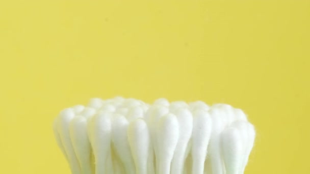 Close Cotton Buds Yellow Background Hygiene Products People — Stockvideo
