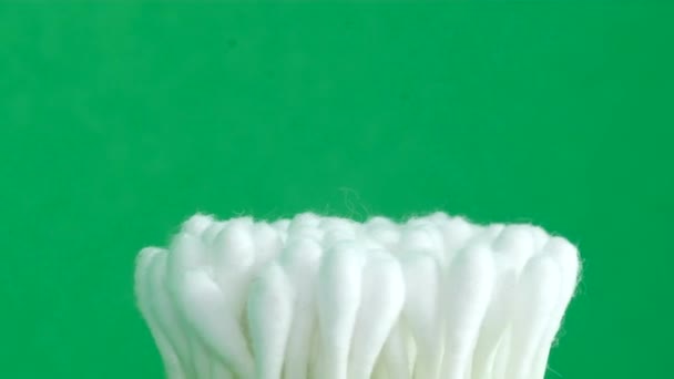 Close Cotton Buds Green Chromakey Background Hygienic Means Cleaning Ears — Wideo stockowe