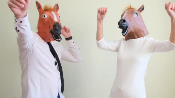 Office Workers Carnival Horse Masks Dance Have Fun Working Day – Stock-video