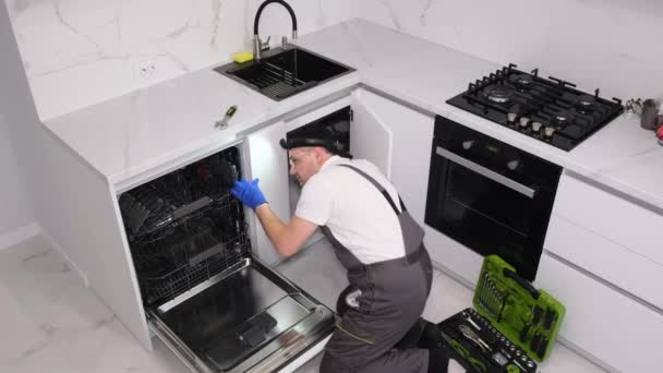 Fontanero Repara Lavavajillas Una Sala Cocina Servicios Fontanería Vídeo — Vídeos de Stock
