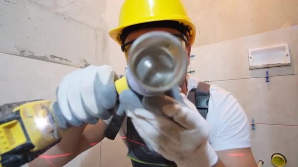 Close Construction Worker Special Uniform Holding Mixing Tool Construction Mixer — Vídeos de Stock