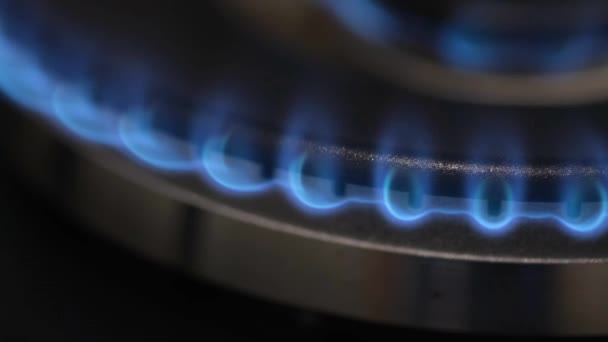 Крупный План Газового Кольца Горящего Темноте Использую Газ Приготовления Пищи — стоковое видео