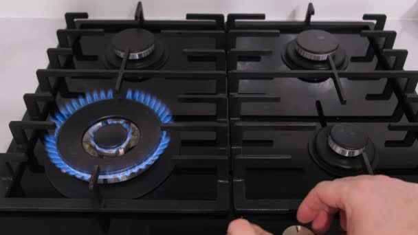 ガスストーブの上で火を灯す ストーブ全体のガスバーナーの青い炎 天然ガス エネルギー危機の使用 4Kビデオ — ストック動画