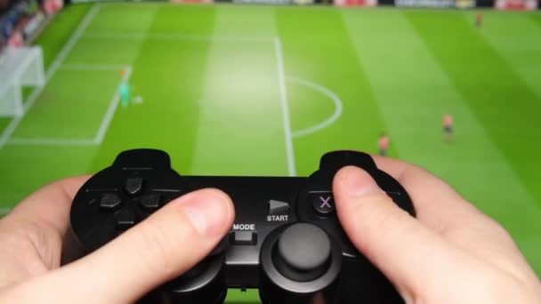 Close Man Playing Game Soccer Wireless Controller Video — Stockvideo