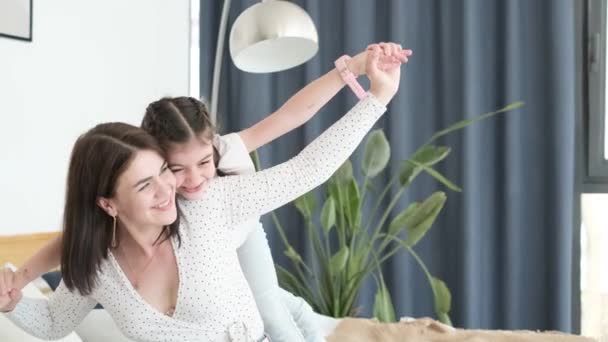 Happy Mother Feels Joy Love Children Smile Appears Her Face — Stockvideo