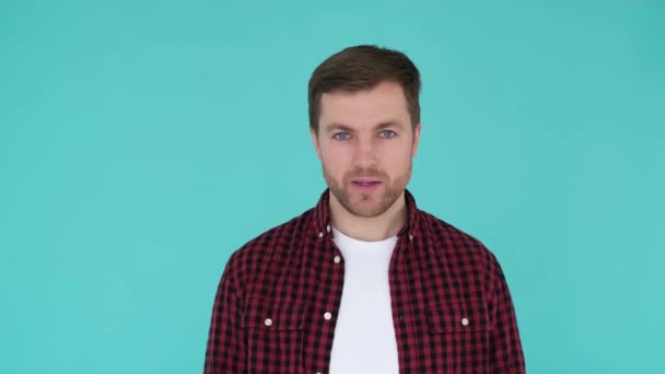 Caucasian Young Man Tired Face Studio Blue Background Man Makes — Stockvideo