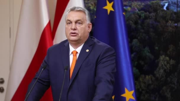 Close Viktor Orban Interview Prime Minister Hungary Full Hungary Budapest — Vídeo de Stock