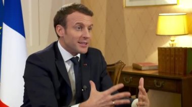 Russia, Moscow - November 2022: Emmanuel Macron gives an interview. Full hd video