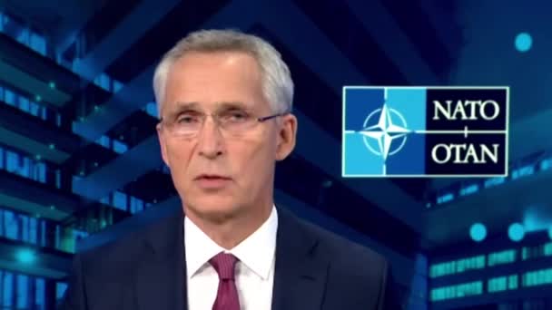 Sekretarz Generalny Nato Jens Stoltenberg Udziela Wywiadu Dziennikarzom Bruksela Belgia — Wideo stockowe