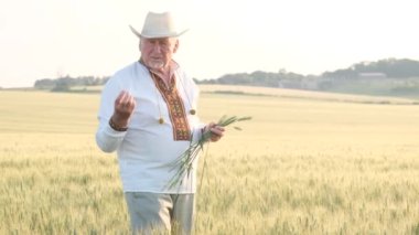 An old Ukrainian peasant in an embroidered coat and hat in the middle of a wheat field against a clear sky. Agribusiness of Ukraine. Businessman. Farmer in the field.