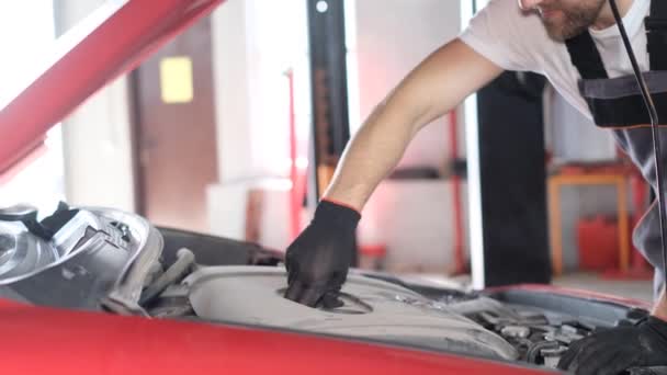 Checking Car Engine Car Mechanic Looking Oil Level Car Maintenance — Video