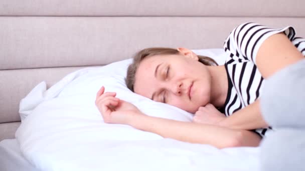 Close Sleepy Young Woman Lying Bed Falling Asleep Relaxation Rest — Stock Video