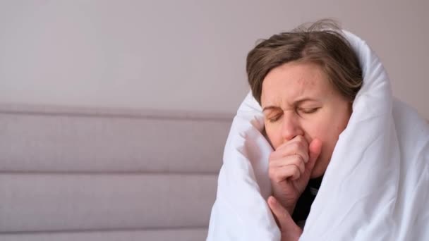 Very Upset Young Woman Suffering Cough Treatment Flu Home Sick — Stock videók