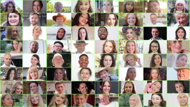 異なる年齢の多民族の人々の写真を見て コラージュ モザイク 水平方向のバナー 異なるグループの多くの肯定的な人々 笑顔の肖像画 — ストック動画