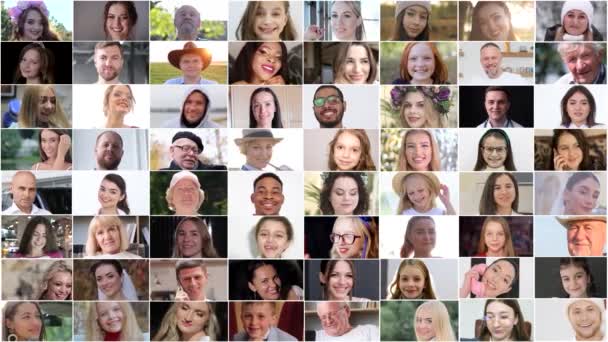 Multiscreen Von Glücklichen Positiven Menschen Gruppe Von Gesichtern Multiethnischer Menschen — Stockvideo