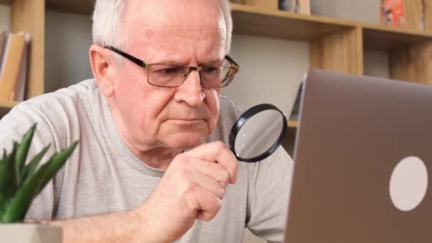 Ένας Ηλικιωμένος Κακή Όραση Χρησιμοποιεί Μεγεθυντικό Φακό Ενώ Δουλεύει Υπολογιστή — Αρχείο Βίντεο