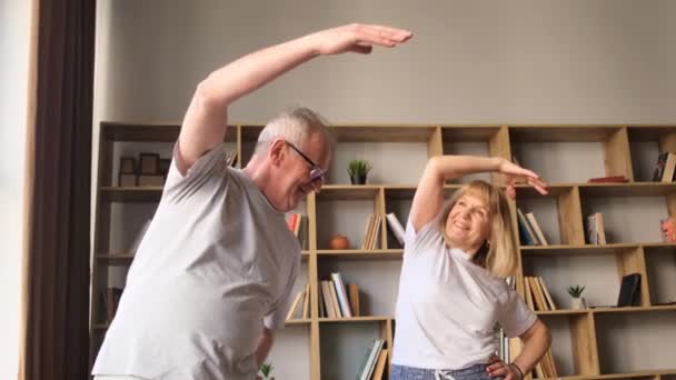 上了年纪的夫妇在家做健身锻炼和瑜伽 他们经常在一起 尽量保持健康 以达到并保持健康的生活方式 — 图库视频影像