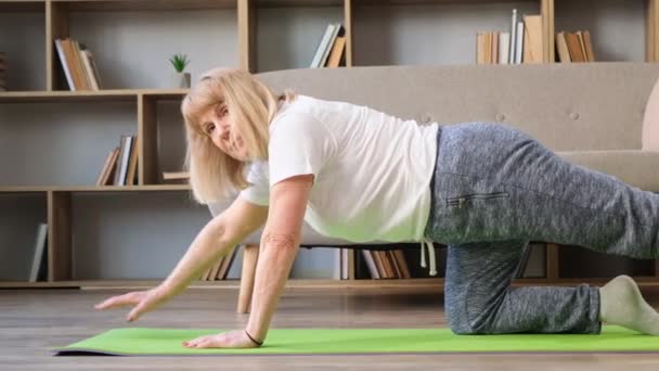 Babcia Ćwiczy Gimnastykę Domu Aktywny Zdrowy Tryb Życia Dla Emerytów — Wideo stockowe