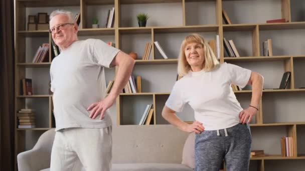 自宅で朝ヨガの練習を行う高齢者のカップルにフィット スポーティ健康的な高齢者の男性と女性が一緒にリビングルームに立って運動します 現役の高齢者 健康的なライフスタイル — ストック動画