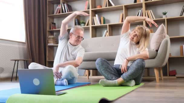 Yaşlı Bir Çift Evde Birlikte Egzersiz Yapmaktan Karşılıklı Anlayış Sağlıklı — Stok video