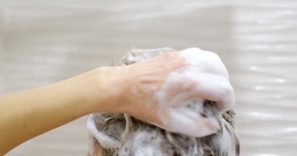 Uma Garota Que Lava Instantaneamente Seu Cabelo Longo Com Xampu — Vídeo de Stock