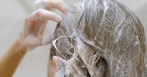 Close Blonde Washing Her Hair White Foam Shampoo Long Hair — Stock Video
