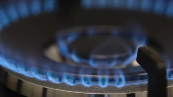 室内厨房火炉中的蓝色火堆的特写 气炉带有燃烧的天然气火焰的气炉 — 图库视频影像